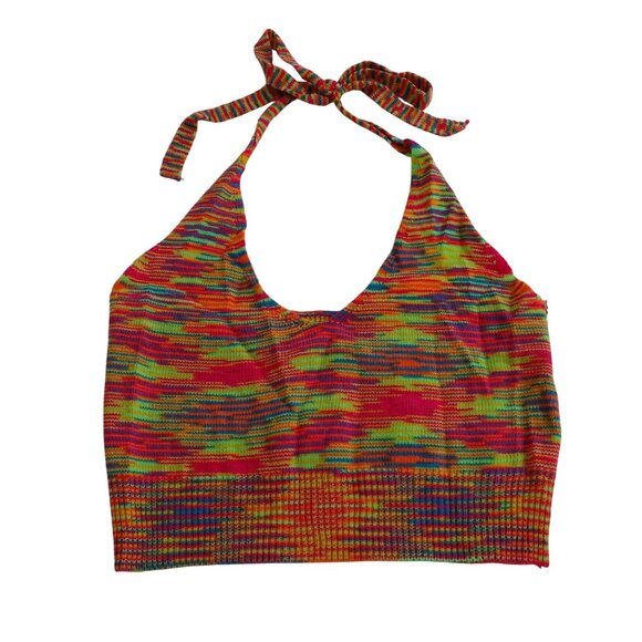 Vibrant Multicolor Acrylic Cropped Knit Halter Top Women Size XS Retro - Picture 1 of 8